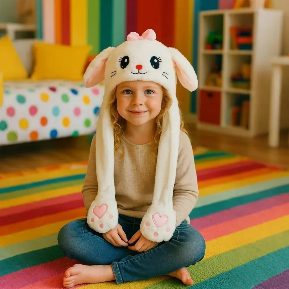 Kids Cat_White Animal Hat with Ears Moving Jumping Pop Up Beating Plush Holiday